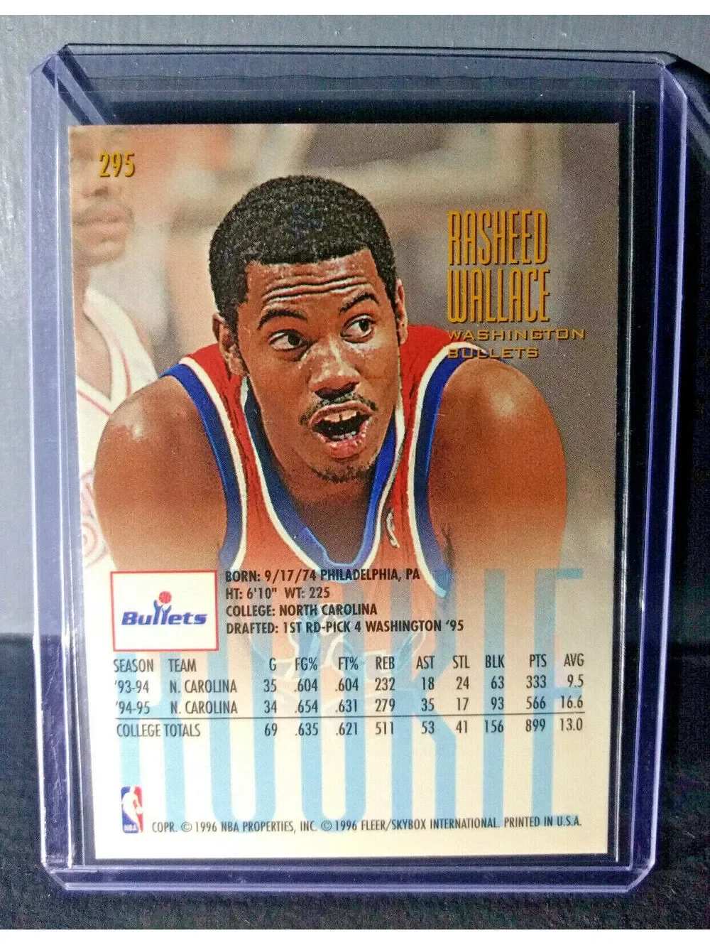 1995-96 Rasheed Wallace Fleer Ultra #295 Rookie Basketball Card